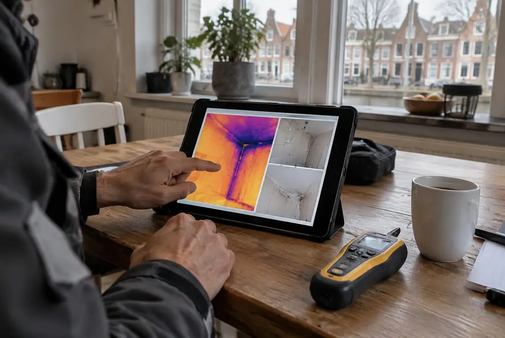 Lekdetectie Velp – lekdetectierapport met warmtebeelden en foto's op een tablet