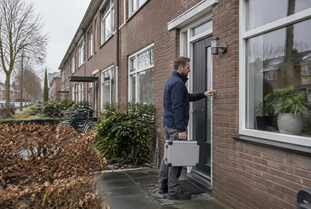 Lekdetectiespecialist met meetkoffer bij de voordeur van een woning in Velp